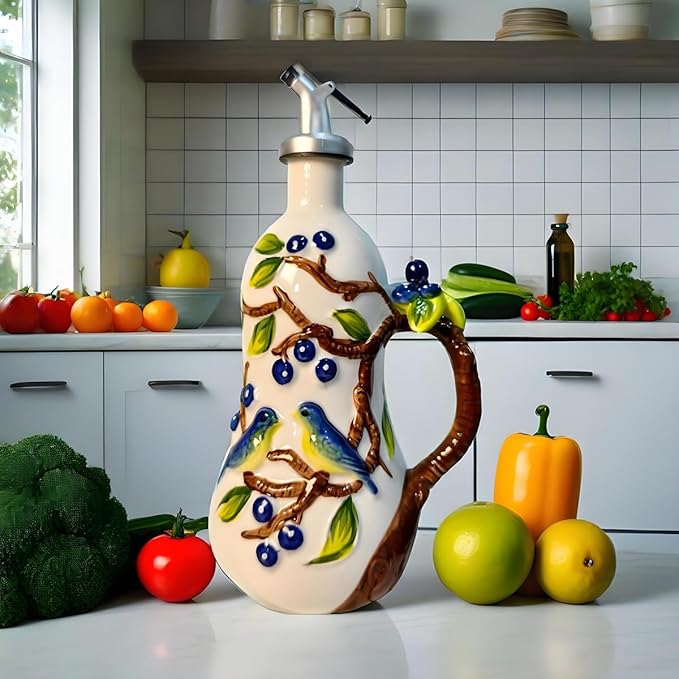 18 Oz Hand Painted Relief Ceramic Olive Oil Bottle Dispenser for Kitchen, Oil and Vinegar Bottle, Seasoning Bottle with Stainless Steel Nozzle, 540mL Oil Container with Handle for Cooking, Light Proof-Ruum Studio Home