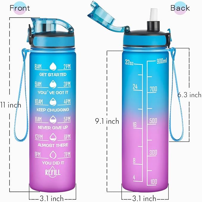 Enerbone Water Bottle, Leakproof BPA & Toxic Free, Motivational Water Bottle with Times to Drink and Straw, Fitness Sports Water Bottle with Strap for Office, Gym, Outdoor Sports-Ruum Studio Home