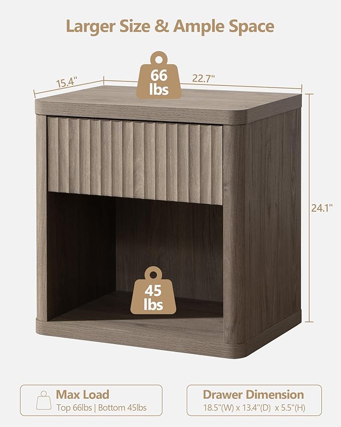 SICOTAS Night Stand Nightstand with Drawer Storage Fluted Bed Side Table End Table Large Modern Wide Bedside Stand Mid Century Night Stands for Bedroom Living Room Sofa Couch Home Office, Grey Alder-Ruum Studio Home