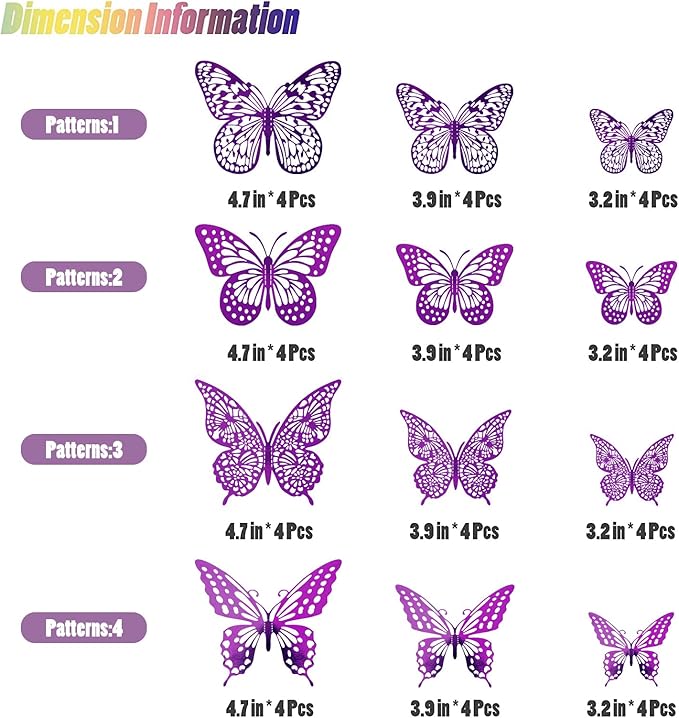 SAOROPEB 3D Butterfly Wall Decor - 48 Pcs, 4 Styles, 3 Sizes - Purple Butterfly Decorations for Birthday Parties, Removable Stickers-Ruum Studio Home