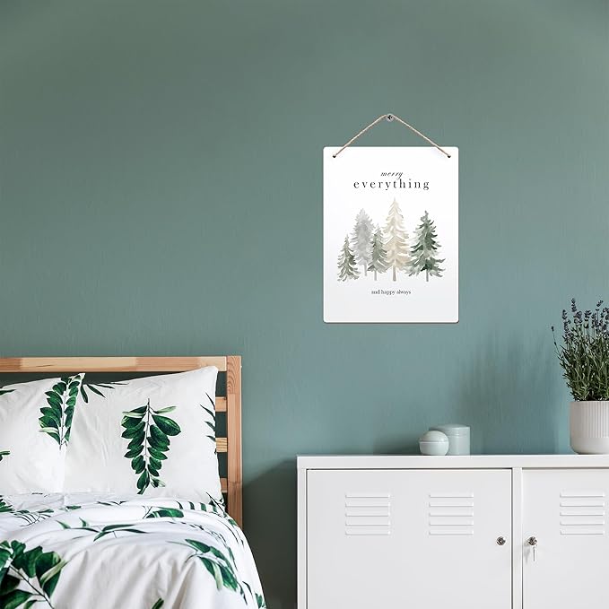 Pine Tree Winter Hanging Wooden Signs 10x8, Welcome Winter Signs, Winter Tree Wall Decor, Merry Everything and Happy Always Winter Home Room Office Hanging Wall Decor-Ruum Studio Home