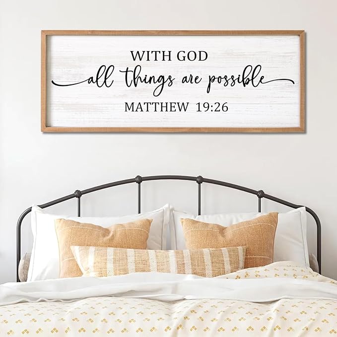 With God All Things are Possible Framed Wall Art, 40''×15'' Positive Religious Rustic Bible Verse for Christian God Jesus Christ Prayer, Vintage Horizontal Holy Inspirational Catholic Scripture Decor-Ruum Studio Home