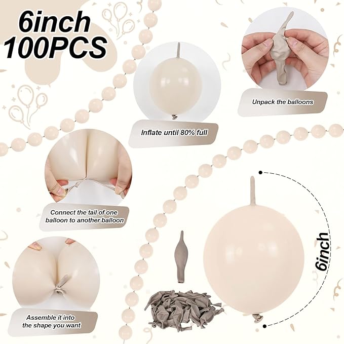 Sand White Quick Link Balloons, 60PCS Linking Balloon for Making Balloon Wall Arch Chains, Cream Beige Linked Balloons for Wedding Birthday Baby Shower Engagement Graduation Party Decorations (10inch)-Ruum Studio Home
