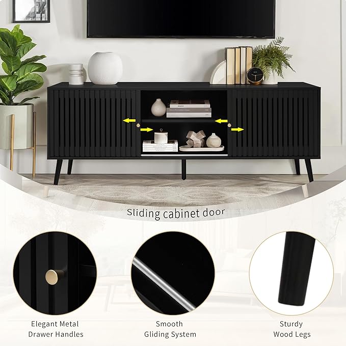 Mid Century Modern TV Stand for Televisions up to 70 Inches, with Sliding Doors and Storage, Television Stands, TV Consoles, Media Consoles for Living Room, 63 Inch (Black)-Ruum Studio Home