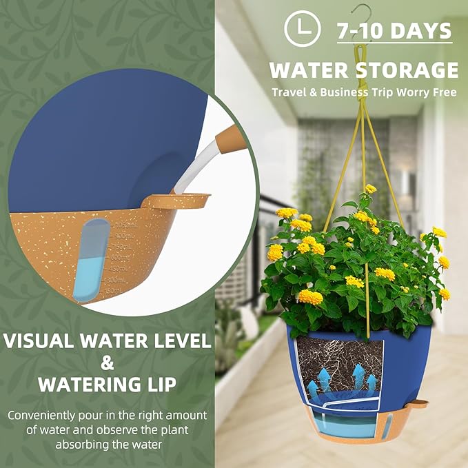 ZMTECH 10 Inch Hanging Planters for Indoor Outdoor Plants, 2 Pack Self Watering Hanging Plant Pots with Drainage Holes and Removable Saucer, Plastic Flower Hanging Pots with Watering Lip (Blue)-Ruum Studio Home