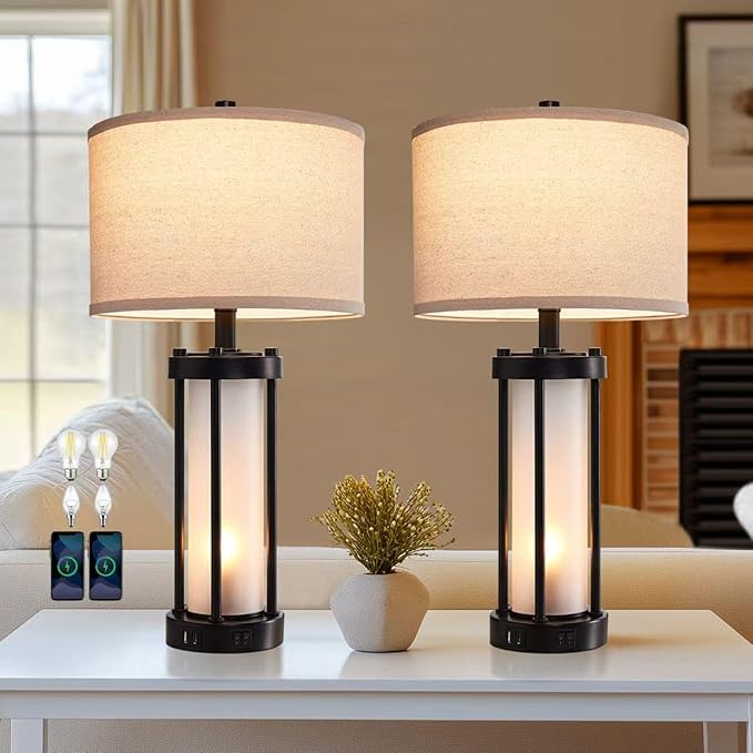 RORIA Set of 2 Modern Table Lamps for Living Room with 2 USB Ports, White Frosted Glass Nightlight for Bedroom, Contemporary Desk Lamps for Nightstand End Table Entryway, 4 Bulbs Included (Black)-Ruum Studio Home