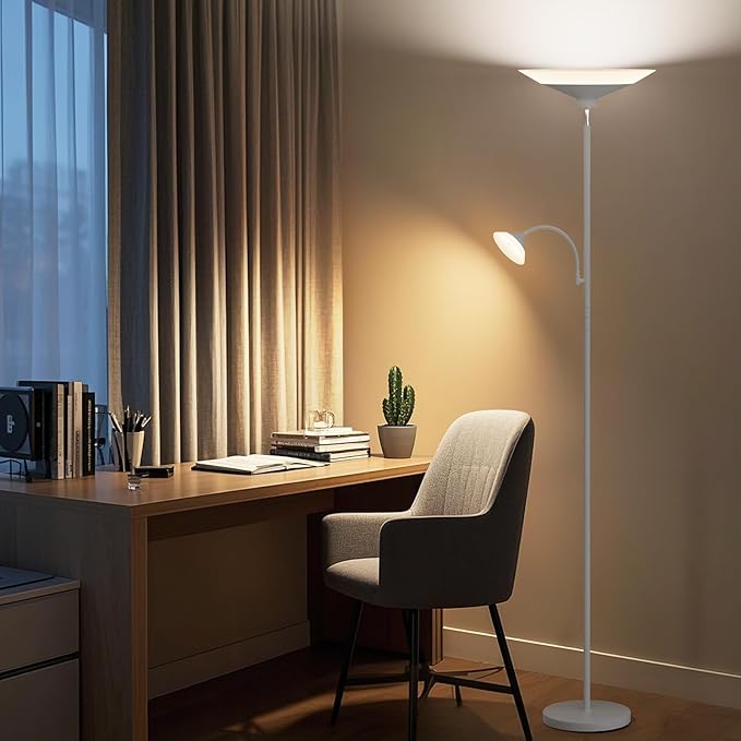 Sliver Gray Torchiere Floor Lamp with Reading Light, 4 Color Temperatures, Dimmable & Individual Light Control Standing Lamp, 34W Bright Tall Lamp with Remote for Living Room Bedroom Office-Ruum Studio Home