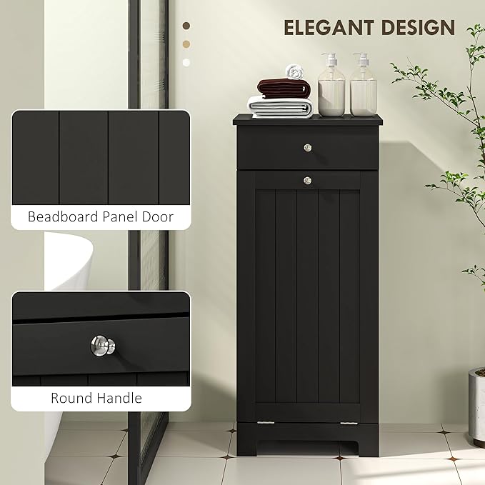 HOMCOM Laundry Hamper with Removable Basket, Tilt Out Hamper with Drawer and Beadboard Door, Bathroom Storage Cabinet, Black-Ruum Studio Home