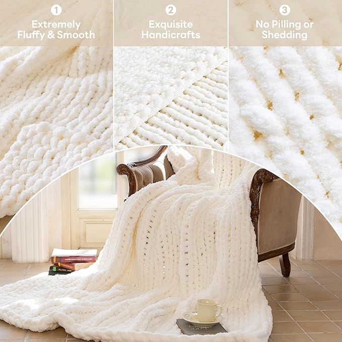 Chunky Knit Blanket - Luxury Soft Cozy Extra Large Size (80 * 90) Throw Blanket,100% Woven Blanket Rope Knot Throw Blanket for Couch, Sofa, Home Decor, Gift - Machine Washable（Milk White ）-Ruum Studio Home