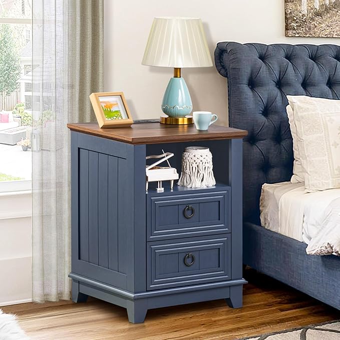 18" Farmhouse Night Stand with Charging Station, 2 Drawers End Table Dresser for Bedroom, Blue Wooden Nightstand, Bed Side Table with Open Shelf, Bedside Cabinet for Living Room, Closet-Ruum Studio Home
