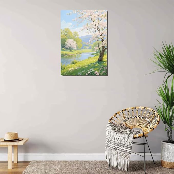 The scenery of a stream between trees and cherry blossoms under the blue sky is suitable for posting in the living room bedroom office landscape posters-Ruum Studio Home