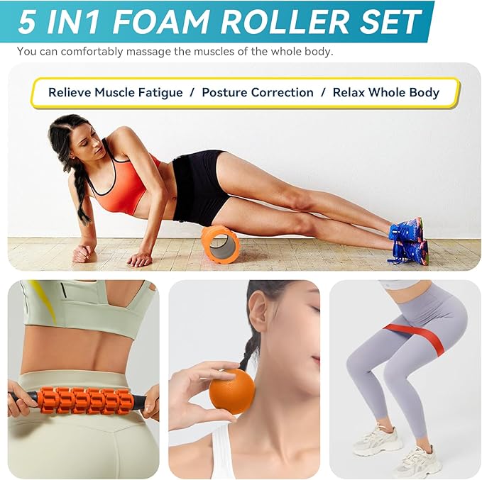 5 in 1 Foam Roller Set for Deep Tissue Muscle Massage, Trigger Point Fitness Exercise Foam Roller, Massage Roller, Massage Ball, Stretching Strap, for Whole Body (Orange Black)-Ruum Studio Home