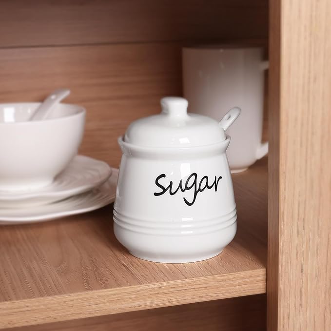 HAOTOP 12oz Sugar Bowl with Lid and Spoon,Ceramic Sugar Jar Sugar Dispenser Sugar Container Coffee Bar Accessories, Kitchen Countertop Canisters, White-Ruum Studio Home