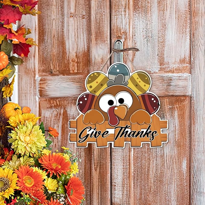 Give Thanks Sign Turkey Front Door Decor Thanksgiving Day Wood Door Hanger, Fall Wooden Thankful Wreath Hanging Decoration for Outdoor Outside Porch, Housewarming Gift-Ruum Studio Home