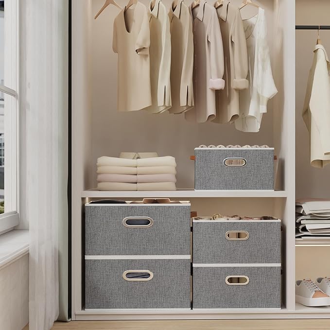 Yawinhe Fabric Storage Baskets, Foldable Closet Organizer for Shelves, Large Boxes with 3 Handles, Canvas Bins for Clothes, Grey, 12.99''Lx9.05''Wx7.87''H, 4-Pack-Ruum Studio Home
