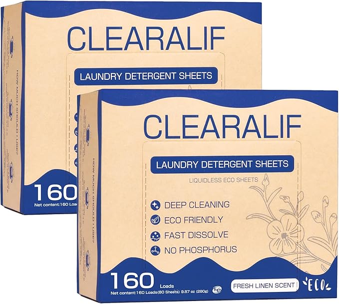 Laundry Detergent Sheets Up to 320 Loads, Fresh Linen - Great For Travel,Apartments, Dorms,CLEARALIF Laundry Detergent Strips Eco Friendly & Hypoallergenic (80 Sheets, Pack of 2)-Ruum Studio Home