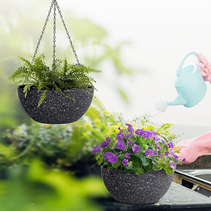 13 inch Large Hanging Planters Plant Pots for Outdoor Indoor Plants with Drainage Holes and Chain, 2 Pack Round Hanging Flower Pots for Garden Home Porch Decor, Speckled Black-Ruum Studio Home