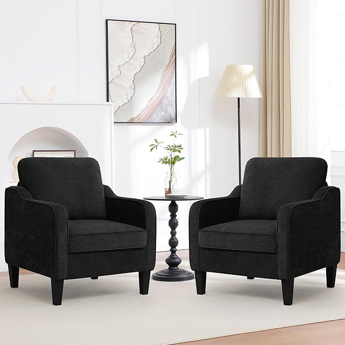 Accent Chairs Set of 2, Upholstered Living Room Chairs with Side Pockets, Mid Century Modern Reading Chair for Bedroom, Comfy Armchair Single Sofa Side Chair for Office, Small Room, Black-Ruum Studio Home