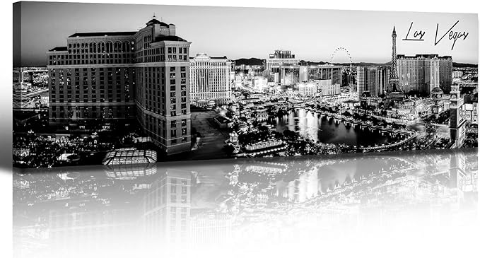 Las Vegas Skyline Wall Art for Living Room American Cityscape Canvas Prints Black and White City Bellagio Fountain Skyscraper Night View Panoramic Pictures Modern Building Poster Framed 13.8"X47.3"-Ruum Studio Home