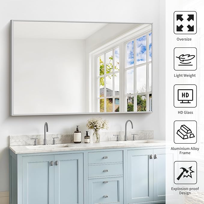 40x60inch Silver Bathroom Mirror, Silver Rectangle Mirror with Frame, Large Rectangular Wall Mirrors for Bathroom, Living Room, Hair Salon, Big Farmhouse Mirror Hang Horizontal/Vertical-Ruum Studio Home