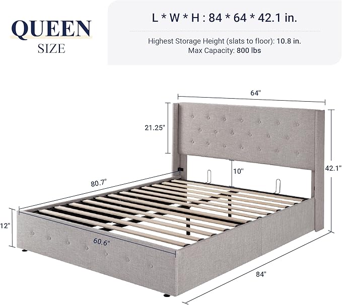 Allewie Queen Size Lift Up Storage Bed, Button Tufted Headboard with Wingback, Hydraulic Support, No Box Spring Needed, Light Beige-Ruum Studio Home