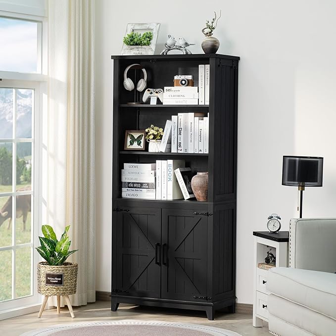 70in Tall Bookshelf 5 Tier Bookcase with Barn Doors and Adjustable Shelves, Black Farmhouse Book Shelf with Storage Cabinet, Wood Freestanding Display Bookshelves for Bedroom, Kitchen (2PCS)-Ruum Studio Home