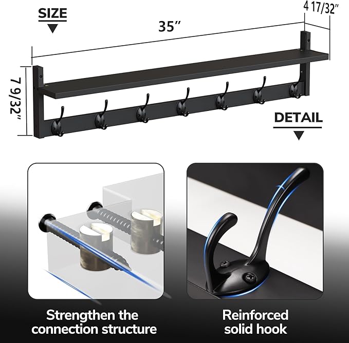 BAMEOS 35 Inch Wall Hooks With Shelf - Entryway Hanging Wood Coat Rack With 7 Dual Hooks for Bathroom, Living Room, Bedroom (Black)-Ruum Studio Home