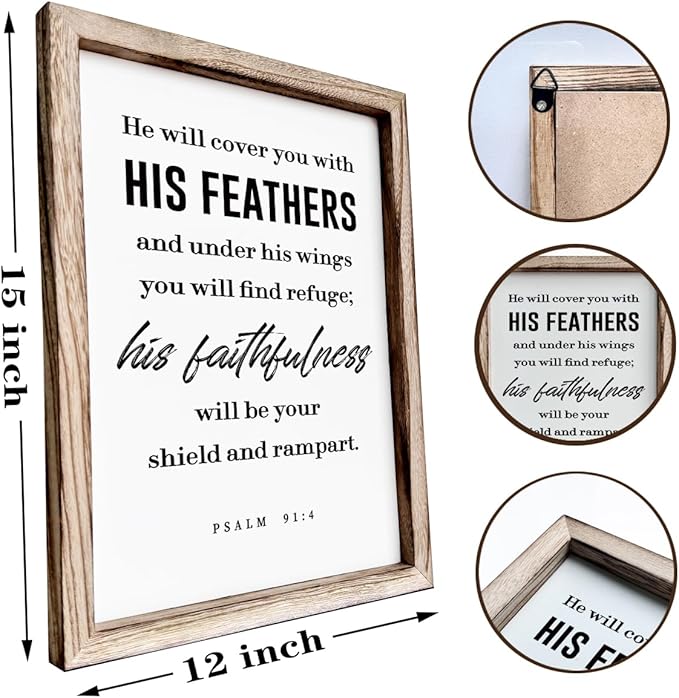 Christian Decor Signs, Framed Wall Plaque Sign 15 * 11.5 inches, Religious Home Decor, Inspirational Christian Gift for Him, He will Cover You with His Feathers Sign-Ruum Studio Home