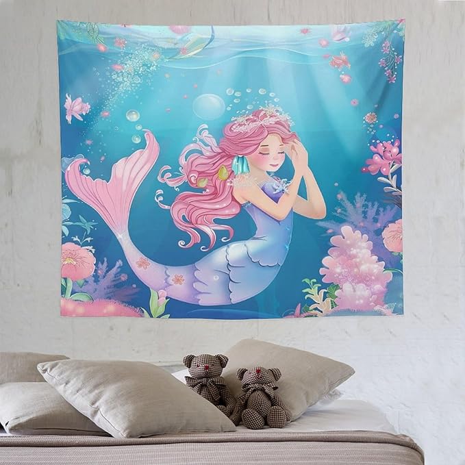 HZOHNAGO Mermaid Girls Tapestry Watercolor Flowers Mermaid Princess Blessing Pattern for Kids Room Decoration Printed Wall Tapestry Wall Hanging for Bedroom Living Room Dorm 60" W x 50" H-Ruum Studio Home