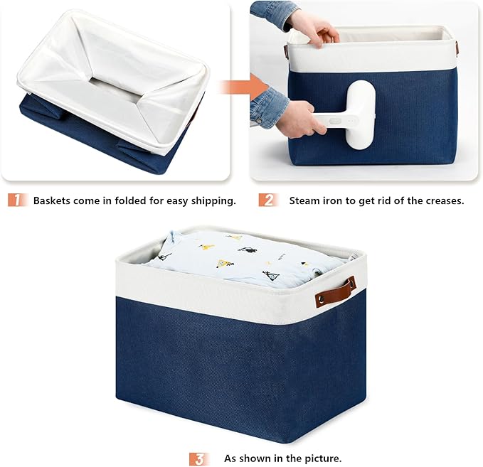 DULLEMELO Large Storage Baskets with Leather Handles for Linen Closet and Home Office, Decorative Baskets for Toys Storage (White & Blue)-Ruum Studio Home
