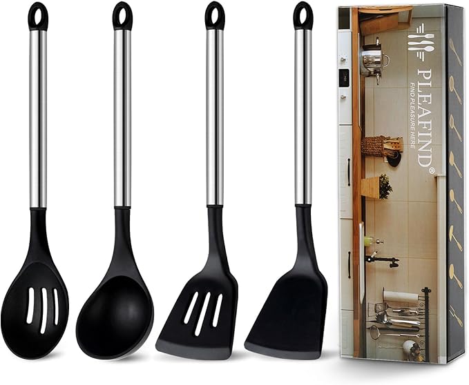 Pleafind 4-Pcs Silicone Cooking Utensils Set, Wok Utensils Set Include Wok Ladle, Slotted Spoon, Solid Spatula and Slotted Spatula, Silicone and Stainless Steel Kitchen Utensils, Dishwasher Safe-Ruum Studio Home