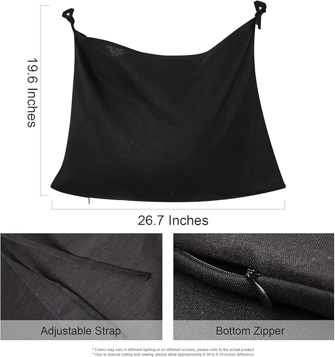 Hanging Linen Laundry Bag, 100% Pure Flax Linen Over The Door Hamper with Bottom Zipper for Laundry Room, Household Dirty Cloth Storage Organizer Bag, Black-Ruum Studio Home