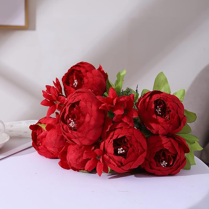 Duovlo Springs Flowers Artificial Silk Peony Bouquets Wedding Home Decoration,Pack of 1 (Spring Red)-Ruum Studio Home