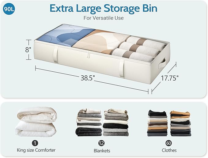 2-Pack Under Bed Storage Containers, 8 Inches Tall Underbed Clothes Storage Organizer Bin with Sturdy Sidewalls/Bottom, Under the Bed Storage Bags 2 Storage Bins, Beige-Ruum Studio Home