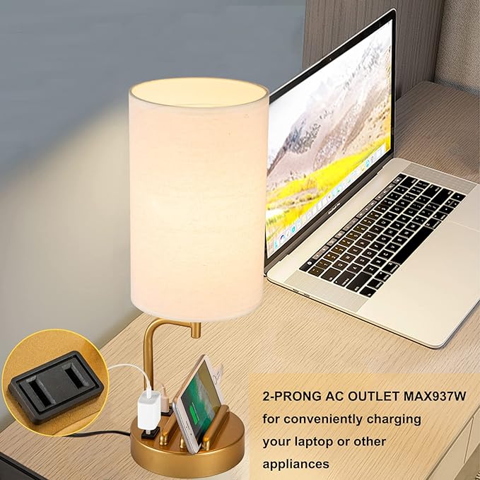 Dreamholder Touch Control USB Table Lamp, Upgraded 3-Way Dimmable Bedside Desk Lamp with USB C & A Charging Ports and AC Outlet, Nightstand Lamp for Bedroom, Dimmable Bulb Included, Gold-Ruum Studio Home