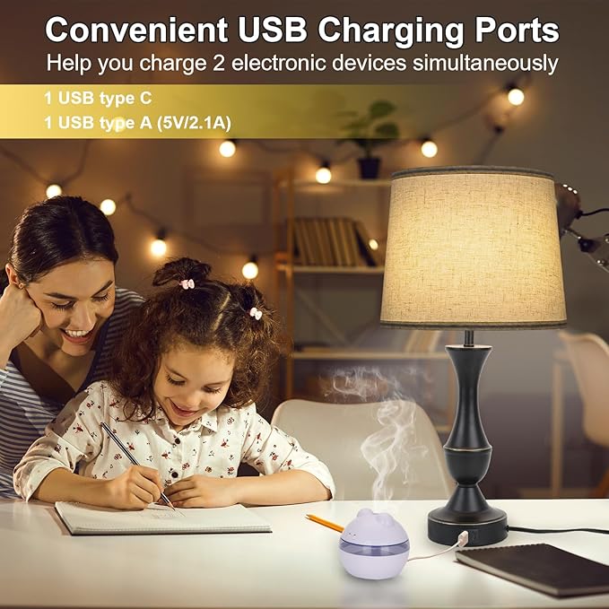 Touch Lamps for Bedrooms Set of 2, Farmhouse Table Lamp with USB C Charging Port, 3 Way Dimmable Nightstand Lamps with Linen Fabric Lampshade for Bedroom, Living Room (Pack2-Black)-Ruum Studio Home