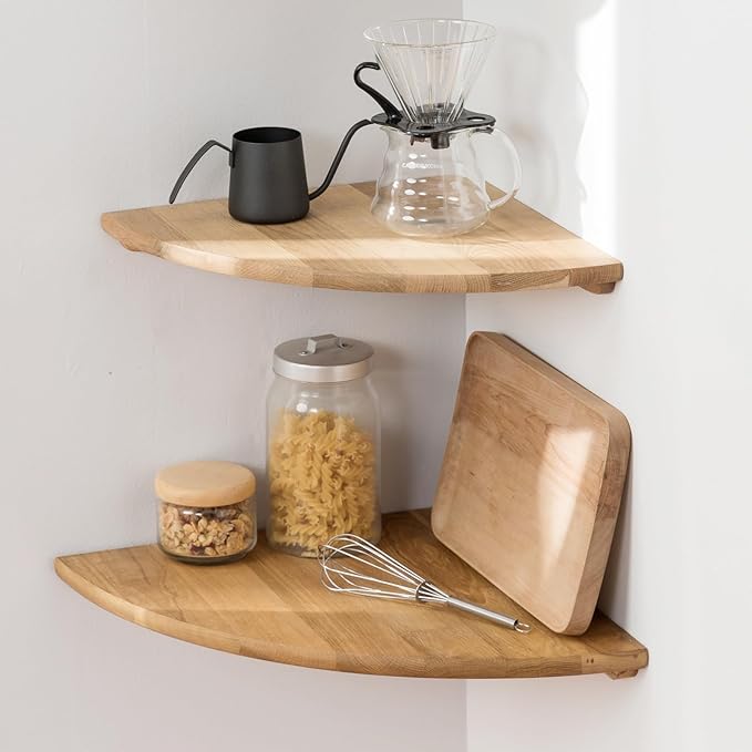 Corner Shelves, Floating Corner Shelf, Set of 2 16inch Solid Oak Wood Wall Shelves, Round End Wall Mount Display Shelf with Wire Hole for Bedroom Kitchen, Living Room-Ruum Studio Home
