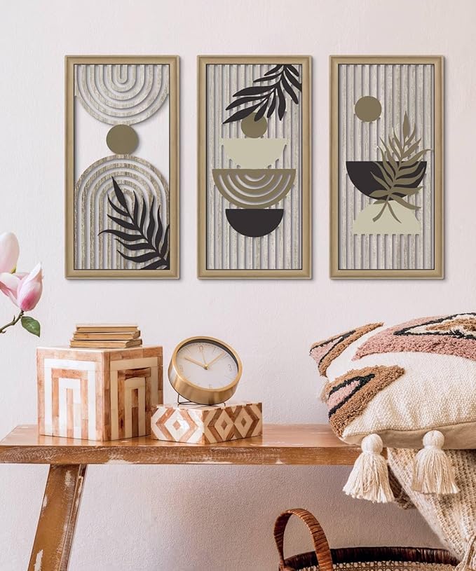 Putuo Decor Boho Abstract Wall Art, Set of 3, Modern Geometric Botanical Wooden Wall Decor, Mid-Century Minimalist Framed Artwork, Neutral Toned Aesthetic Prints, for Living Room, Bedroom, Office-Ruum Studio Home