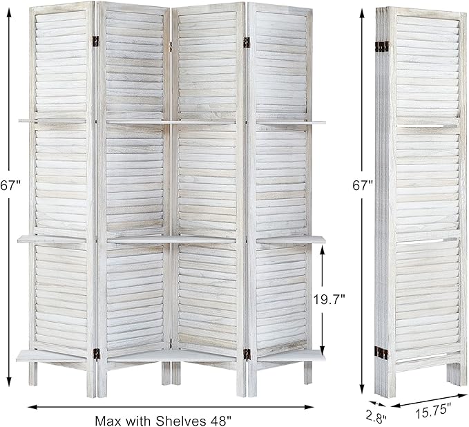 Room Divider with Shelves, Privacy Screen, Room Dividers and Folding Privacy Screens, 4 Panel Wood Temporary Wall Partition Separation Separator, Coconut-Ruum Studio Home