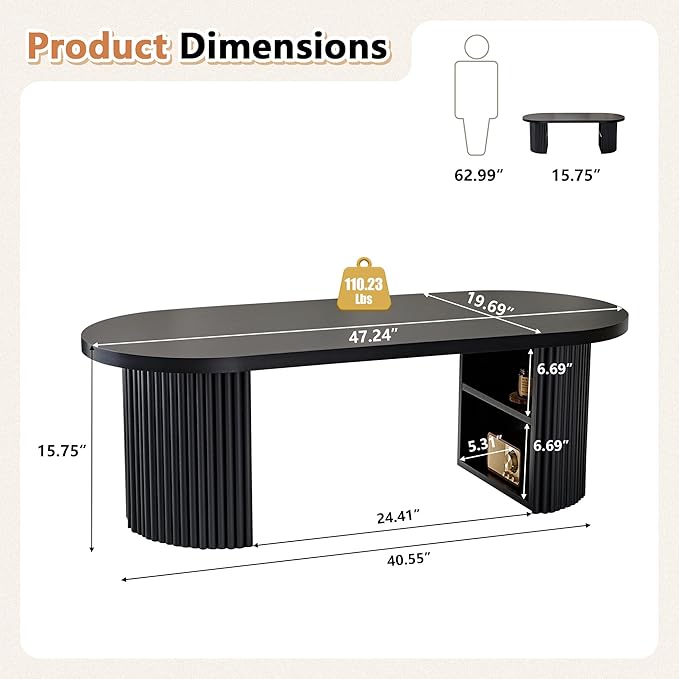 Oval Fluted Coffee Table, 47" Farmhouse Wood Coffee Table Mid Century Modern Center Table Boho Living Room Tables for Living Room Office,Black-Ruum Studio Home