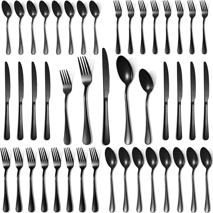Lazycorner 40 Pcs Black Silverware Set for 8, Mirror Polished Flatware Set Stainless Steel Fork Knife Spoon, Food Grade Eating Utensils Sets, Reusable Silverwear Cutlery Set, Dishwasher Safe-Ruum Studio Home