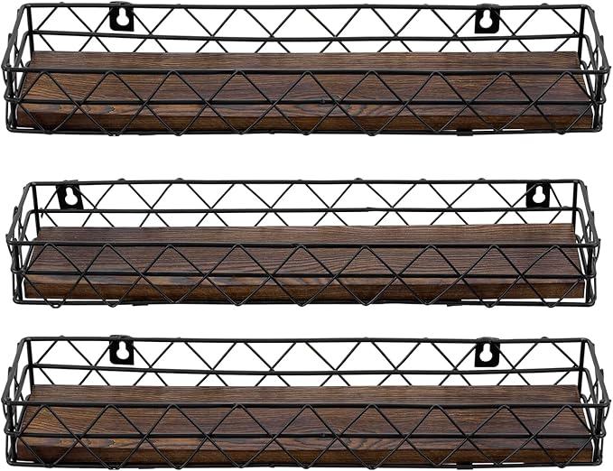 MyGift 14 Inch Wall Mounted Kitchen Spice Racks, Rustic Burnt Solid Wood and Black Metal Wire Geometric Hanging Organizers for Seasoning Jars or Condiment Bottles, Set of 3-Ruum Studio Home