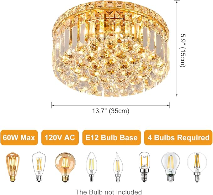 4-Light Gold Crystal Chandeliers Flush Mount Chandelier Light Fixture with K9 Crystals Modern Ceiling Lights Elegant Round Lamp for Bedroom,Hallway,Bar,Living Room,Dining Room,H5.9 xW13.7-Ruum Studio Home