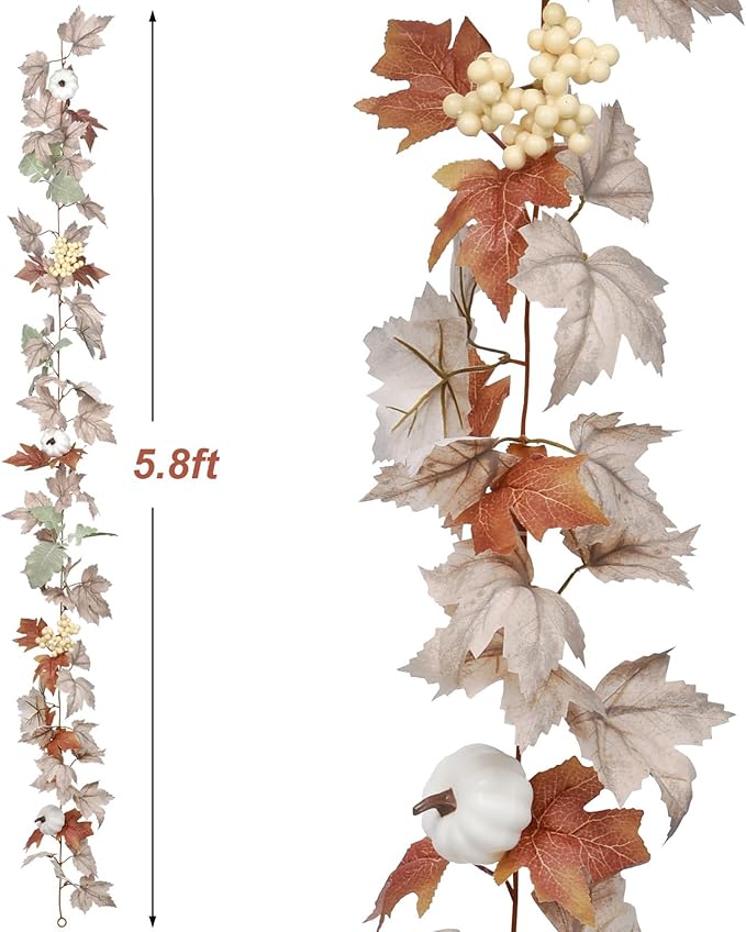 Lvydec Fall Maple Leaves Garland Decoration - 5.8ft Artificial Fall Foliage Garland with White Pumpkins Autumn Decor for Halloween Thanksgiving Home Table Decor (White)-Ruum Studio Home