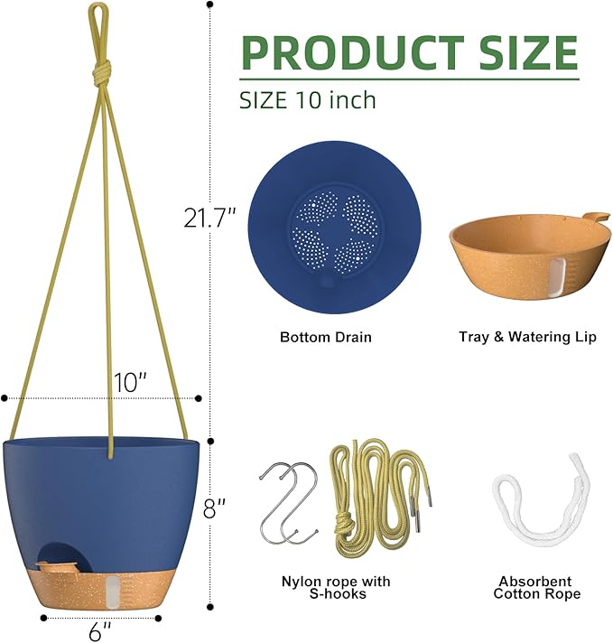 ZMTECH 10 Inch Hanging Planters for Indoor Outdoor Plants, 2 Pack Self Watering Hanging Plant Pots with Drainage Holes and Removable Saucer, Plastic Flower Hanging Pots with Watering Lip (Blue)-Ruum Studio Home