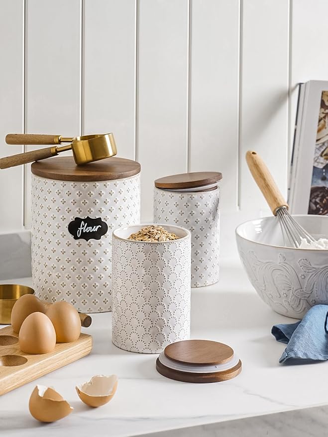 LE TAUCI Food Storage Containers with Airtight Lids, 78/25 oz Ceramic Sugar Canisters Sets, Embossed Large Jars for Pasta, Oats, Coffee Bean, Cookies, Rice, Grains, Tea - Set of 2, Fireworks-Ruum Studio Home