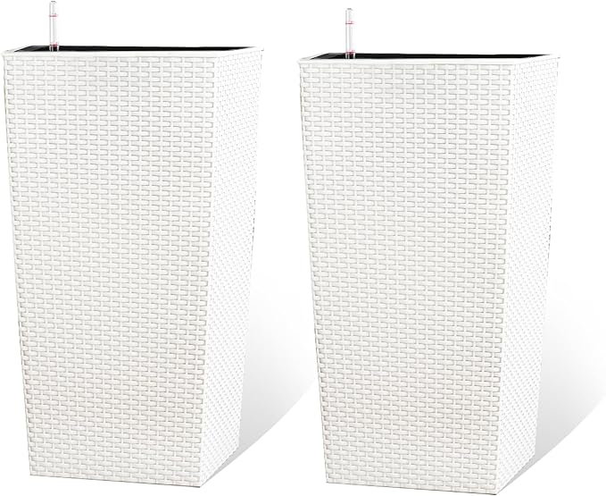 2Pcs 23in High Large Plant Pots Planter-Self-Watering,Modern Planter with Drain Holes,Water Level Monitor,Inner Bucket for Indoor/Outdoor Front Porch Patio,White Rattan-Ruum Studio Home