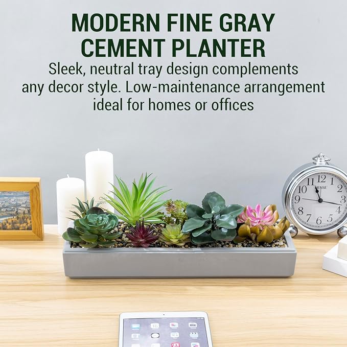 MyGift 15 Inch Mixed Color Assorted Artificial Succulent Plant Arrangement in Modern Gray Clay Planter Tray-Ruum Studio Home