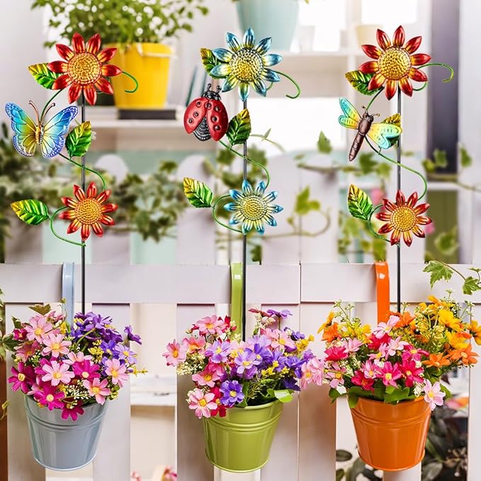 3 Pcs Sunflower＆Butterly＆Ladybug＆Dragonfly Decorative Garden Stakes,23.5 in Metal Sunflower Yard Art for Outside Decor,Spring Outdoor Decor for Mom,Women,Grandma-Ruum Studio Home