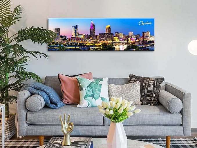 Cleveland Skyline Wall Art Colorful Canvas Prints Night View Ohio USA Cityscape Panoramic City Building Painting for Bedroom Office Decor Framed and Ready to Hang 13.8"x45.3"-Ruum Studio Home